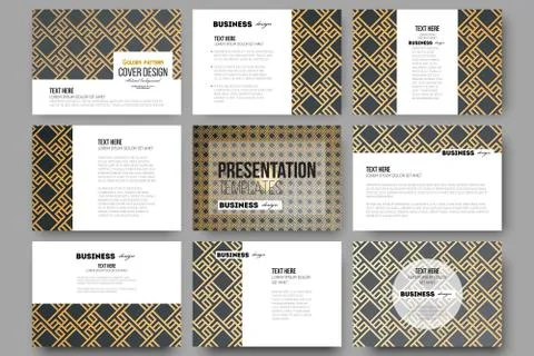 Set of 9 templates for presentation slides. Islamic gold pattern with Stock Illustration