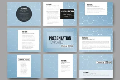 Set of 9 templates for presentation slides. Chemistry pattern, hexagonal design Stock Illustration