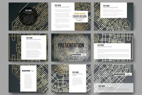 Set of 9 templates for presentation slides. Golden technology pattern on dark 스톡 일러스트