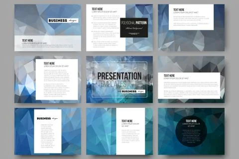 Set of 9 templates for presentation slides. Abstract blue polygonal background Stock Illustration