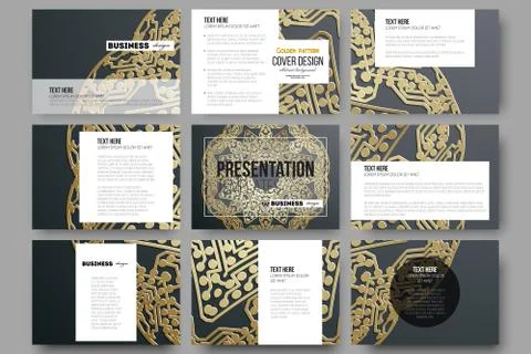 Set of 9 templates for presentation slides. Golden microchip pattern on dark Illustrazione stock