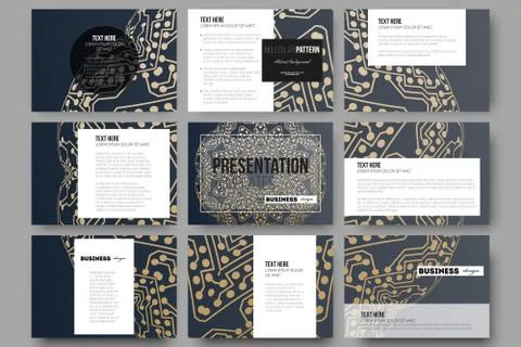 Set of 9 templates for presentation slides. Golden microchip pattern, abstract Stock Illustration