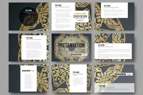 Set of 9 templates for presentation slides. Golden microchip pattern on dark Stock Illustration