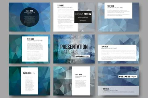Set of 9 templates for presentation slides. Abstract blue polygonal background Stock Illustration