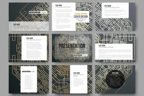 Set of 9 templates for presentation slides. Golden technology pattern on dark 스톡 일러스트