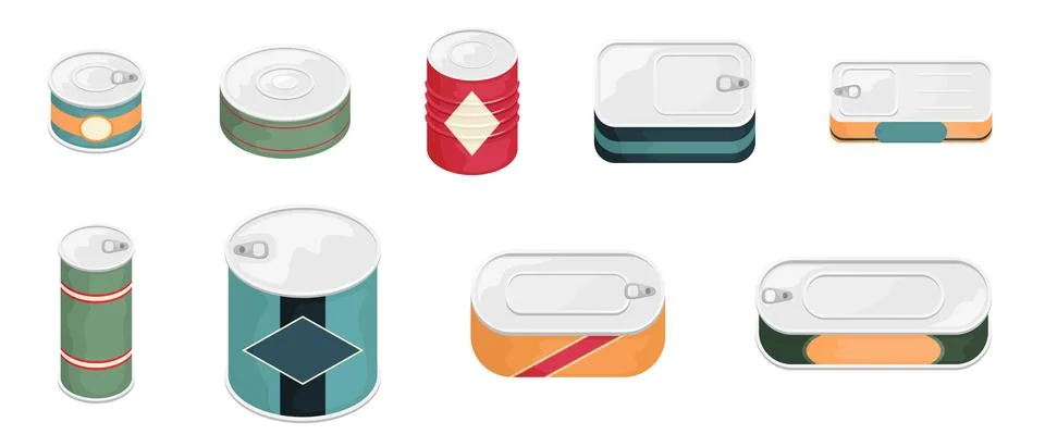 Set of 9 tin cans with a label. 3D vector illustration. Stock Illustration