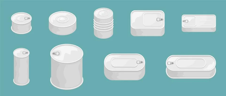 Set of 9 tin cans without a label. 3D vector illustration. Stock Illustration