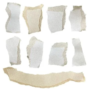 Set of 9 Torn Brown Cardboard Paper Strips on White Stock Photos