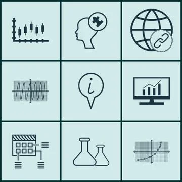 Set Of 9 Universal Editable Icons For SEO, Advertising And Statistics Topics. Stock Illustration