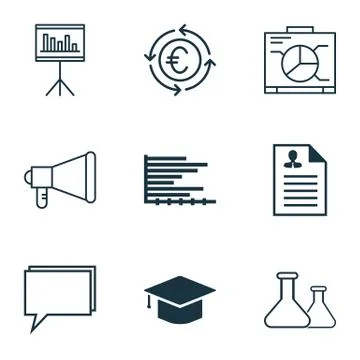 Set Of 9 Universal Editable Icons For School, Tourism And Statistics Topics.  Stock Illustration