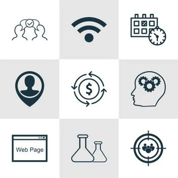 Set Of 9 Universal Editable Icons For Travel, Hr And Education Topics. Includ Stock Illustration