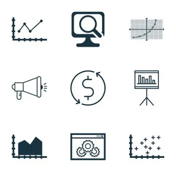 Set Of 9 Universal Editable Icons For Marketing, Statistics And Traveling Top Stock Illustration