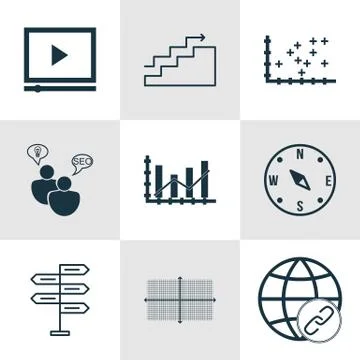Set Of 9 Universal Editable Icons For Advertising, SEO And Statistics Topics. Stock Illustration
