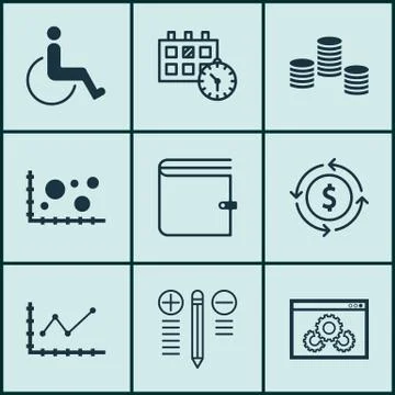 Set Of 9 Universal Editable Icons For Advertising, Project Management And Tra Stock Illustration