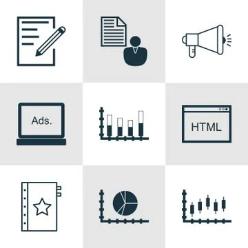 Set Of 9 Universal Editable Icons. Can Be Used For Web, Mobile And App Design Stock Illustration