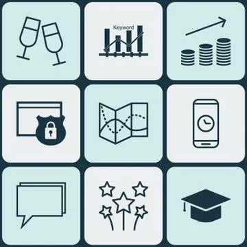 Set Of 9 Universal Editable Icons. Can Be Used For Web, Mobile And App Design Stock Illustration