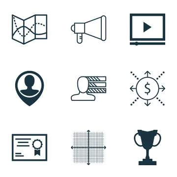Set Of 9 Universal Editable Icons. Can Be Used For Web, Mobile And App Design Stock Illustration
