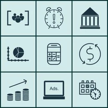 Set Of 9 Universal Editable Icons. Can Be Used For Web, Mobile And App Design Stock Illustration