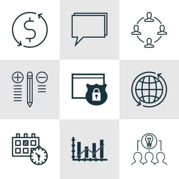 Set Of 9 Universal Editable Icons. Can Be Used For Web, Mobile And App Design Stock Illustration