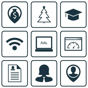 Set Of 9 Universal Editable Icons. Can Be Used For Web, Mobile And App Design Stock Illustration