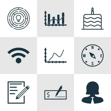 Set Of 9 Universal Editable Icons. Can Be Used For Web, Mobile And App Design Stock Illustration