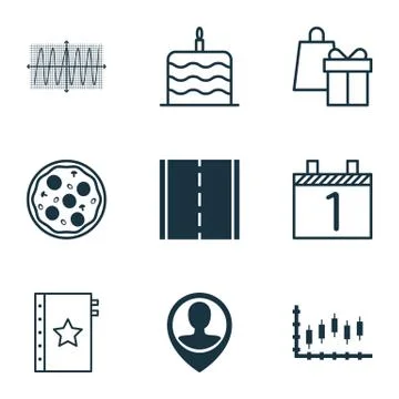 Set Of 9 Universal Editable Icons. Can Be Used For Web, Mobile And App Design Stock Illustration