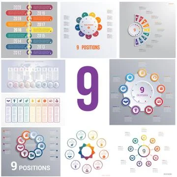 Set 9 universal templates elements Infographics conceptual cyclic processes f Stock Illustration