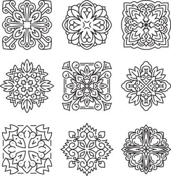 Set of 9 various design elements in a mono-line style. Vector illustration fo Stock Illustration