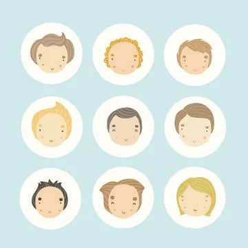 Set of 9 vector cartoon boys faces. Stock Illustration