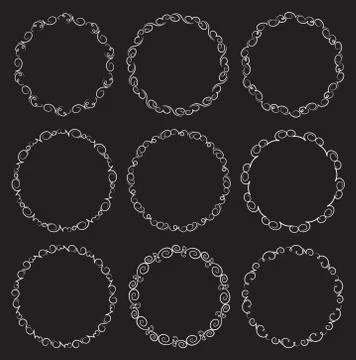 Set of 9 vector decorative round frames on black background Stockillustratie
