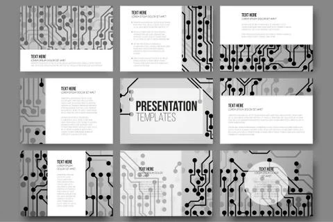 Set of 9 vector templates for presentation slides. Abstract microchip background Illustrazione stock