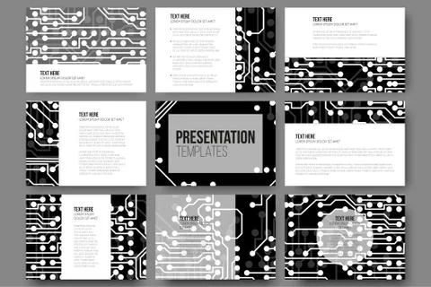 Set of 9 vector templates for presentation slides. Abstract microchip background Illustrazione stock