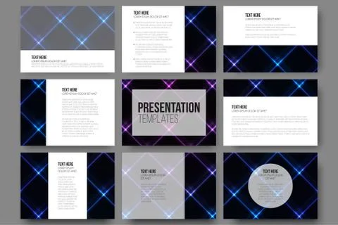 Set of 9 vector templates for presentation slides. Abstract neon light, black 스톡 일러스트