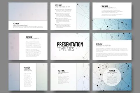 Set of 9 vector templates for presentation slides. Molecule structure blue Illustrazione stock