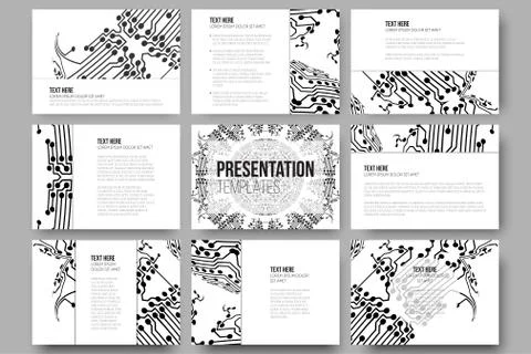 Set of 9 vector templates for presentation slides. Abstract microchip background Stock Illustration