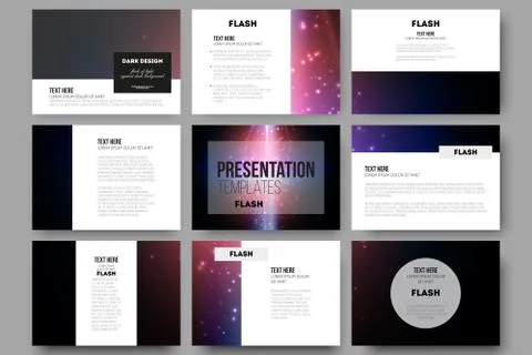 Set of 9 vector templates for presentation slides. Flashes against dark Stock Illustration