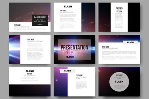 Set of 9 vector templates for presentation slides. Flashes against dark Stock Illustration