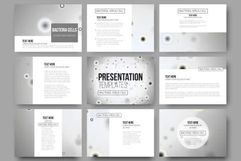 Set of 9 vector templates for presentation slides. Molecular research, cells in Illustrazione stock