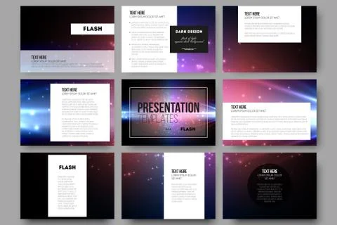 Set of 9 vector templates for presentation slides. Flashes against dark Stock Illustration