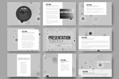 Set of 9 vector templates for presentation slides. Molecular research, cells in Illustrazione stock