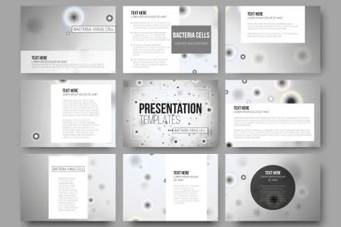 Set of 9 vector templates for presentation slides. Molecular research, cells in Stock Illustration