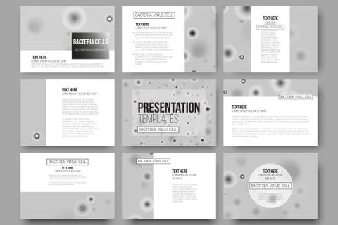 Set of 9 vector templates for presentation slides. Molecular research, cells in Illustrazione stock