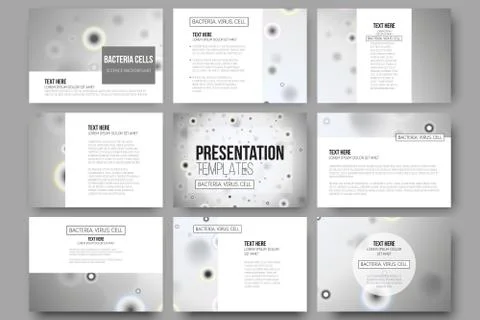 Set of 9 vector templates for presentation slides. Molecular research, cells in Stock Illustration