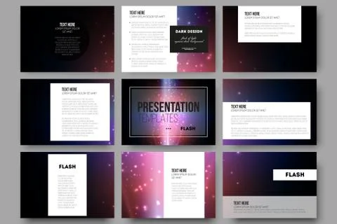 Set of 9 vector templates for presentation slides. Flashes against dark Illustrazione stock