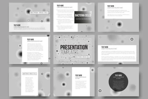 Set of 9 vector templates for presentation slides. Molecular research, cells in イラスト素材