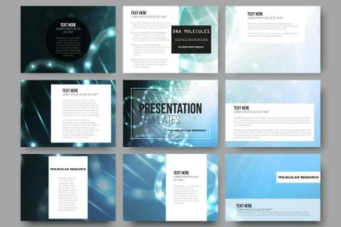 Set of 9 vector templates for presentation slides. DNA molecule structure on a Illustrazione stock