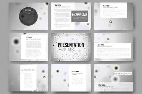 Set of 9 vector templates for presentation slides. Molecular research, cells in Stock Illustration