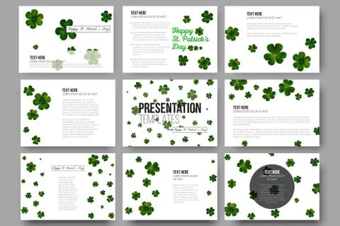 Set of 9 vector templates for presentation slides. Green clovers on white, St Stock Illustration