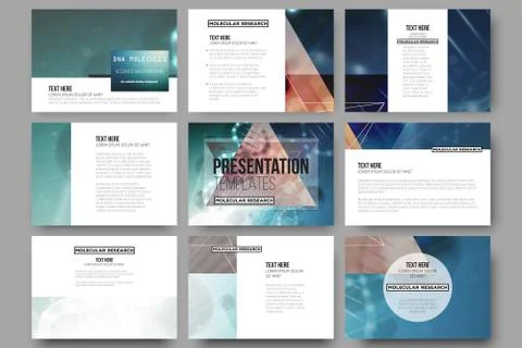 Set of 9 vector templates for presentation slides. DNA molecule structure on a 스톡 일러스트