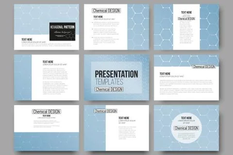 Set of 9 vector templates for presentation slides. Chemistry pattern, hexagon Illustrazione stock